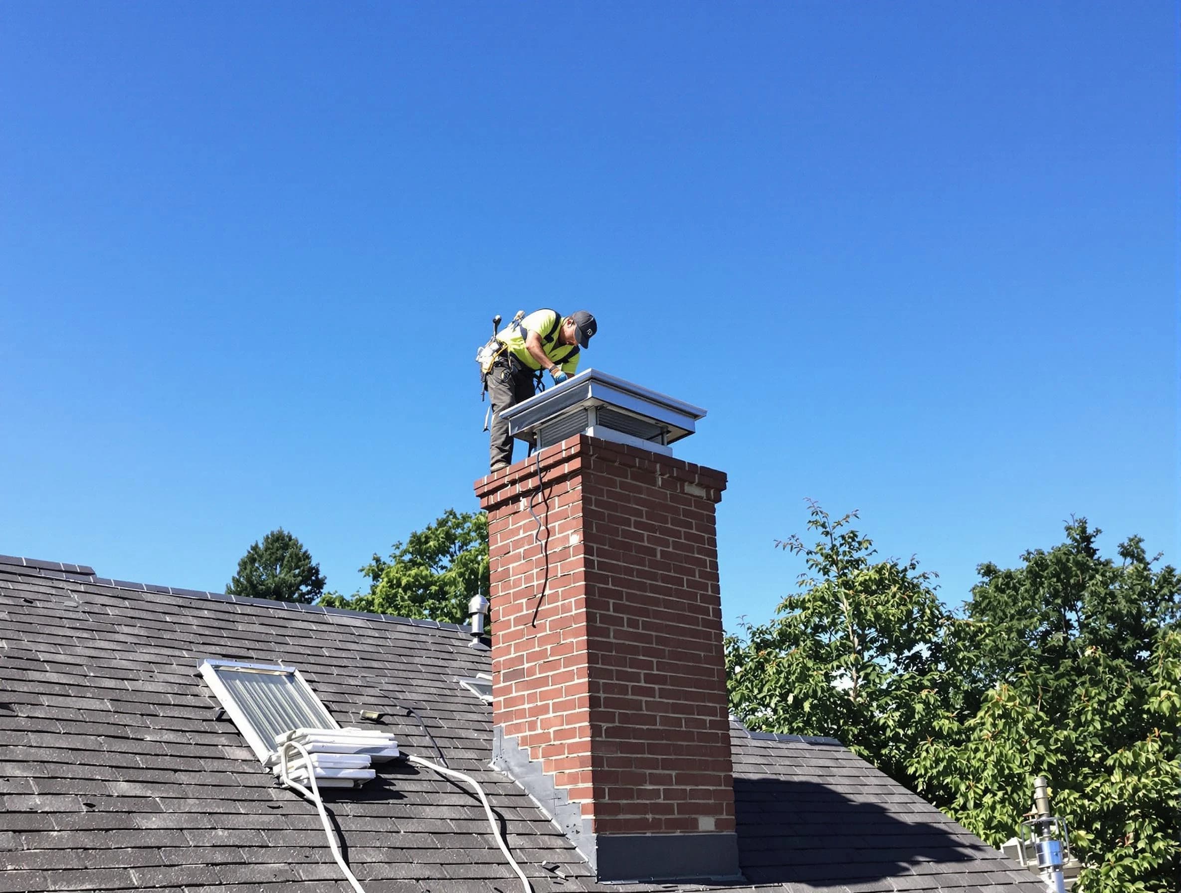 Hopewell Chimney Sweep technician measuring a chimney cap in Hopewell, PA
